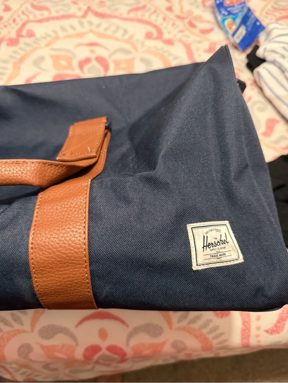 Herschel Navy Travel Duffel Bag with Brown Leather Accents